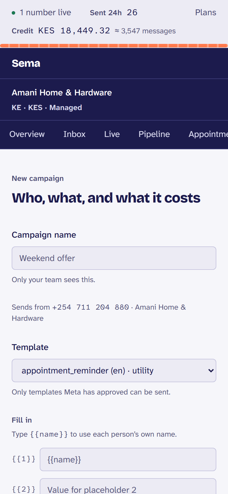 A new campaign: the template, who receives it, and the cost before it is sent.