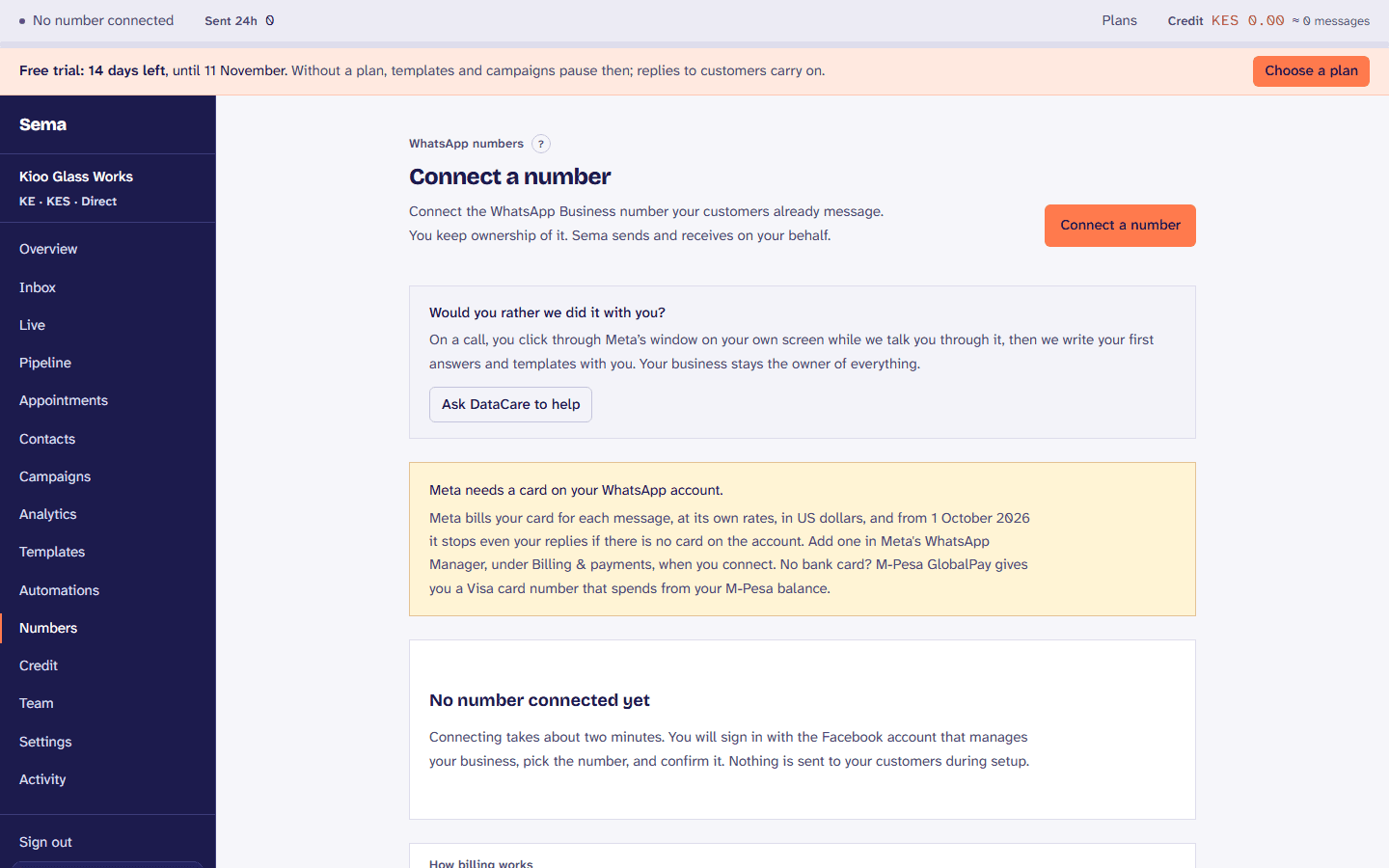Connecting a number: the button that opens Meta’s own window, and help to do it with us.