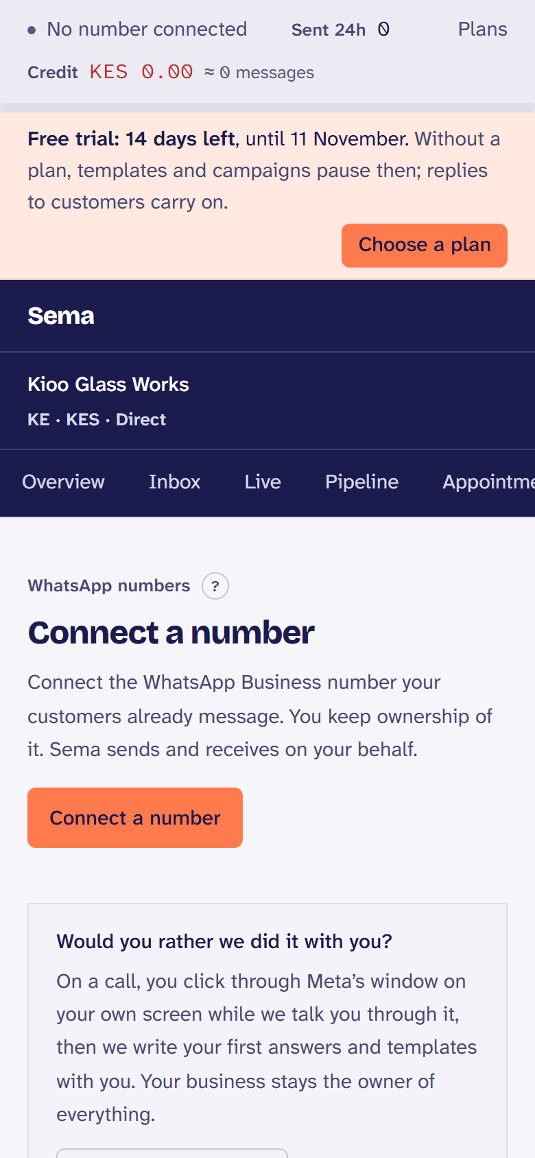 Connecting a number: the button that opens Meta’s own window, and help to do it with us.