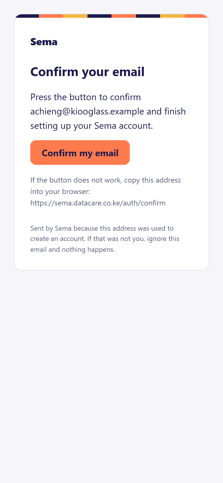 The email that confirms the address, with its button.
