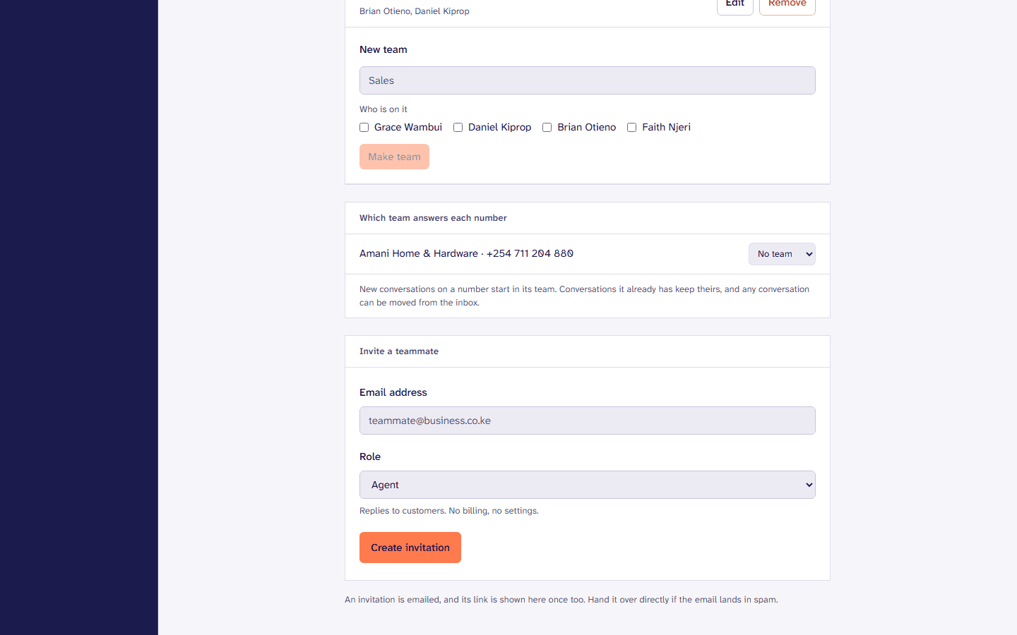 The team page: inviting someone by email with the role they will have.