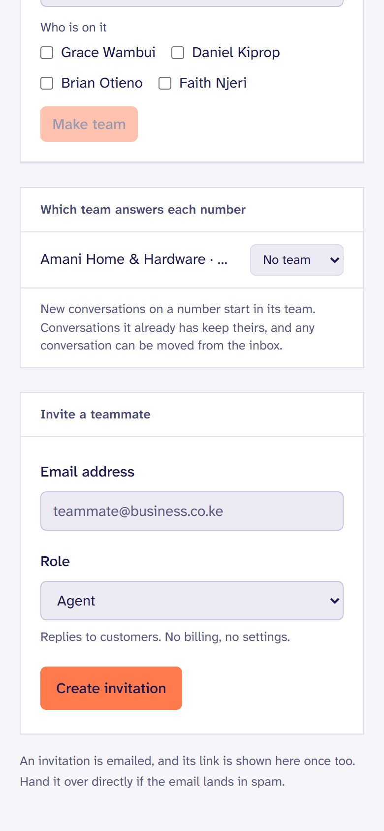 The team page: inviting someone by email with the role they will have.