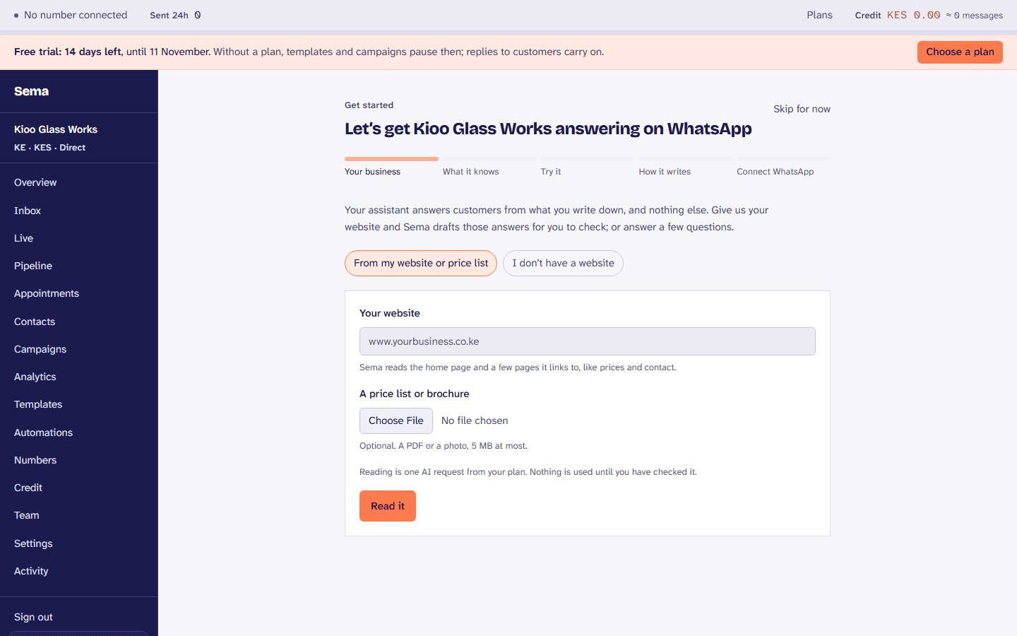 The set-up guide: the steps from a new workspace to the first message.