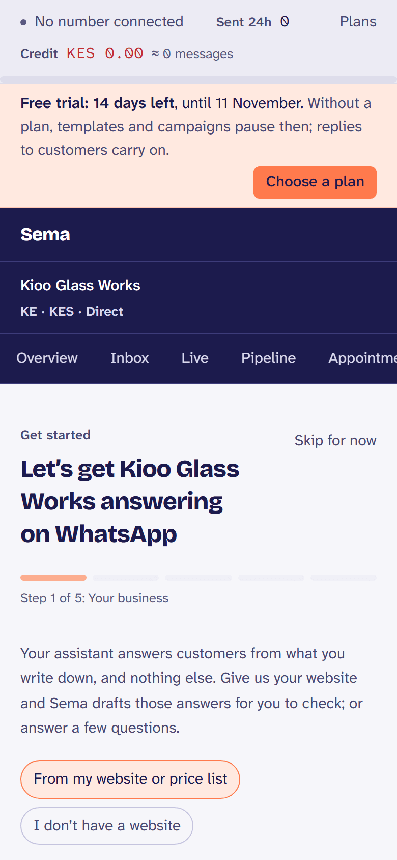 The set-up guide: the steps from a new workspace to the first message.