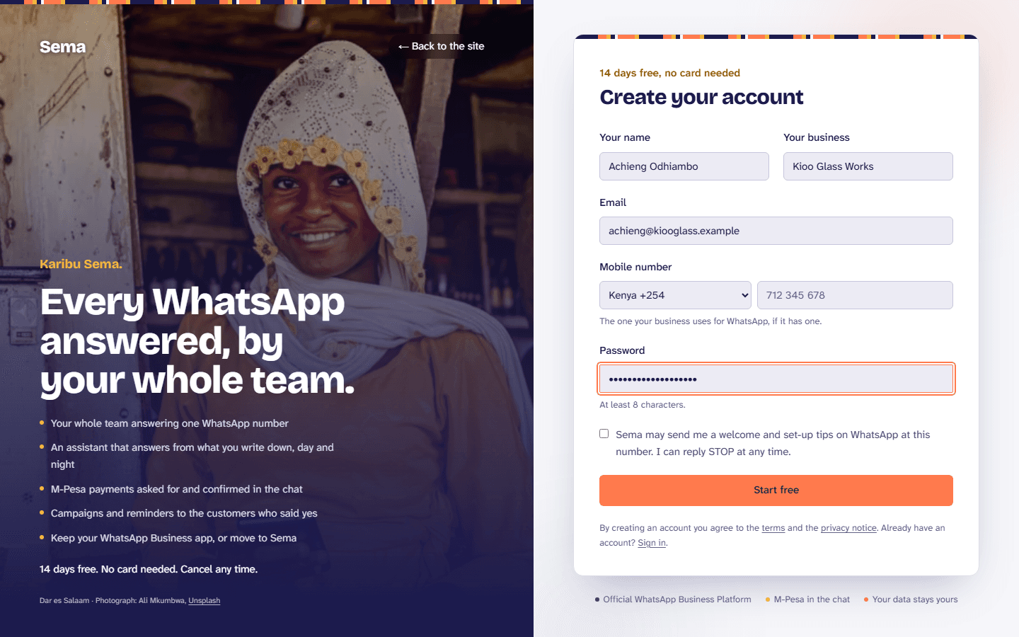 The sign-up page: a name, the business, an email and a password.