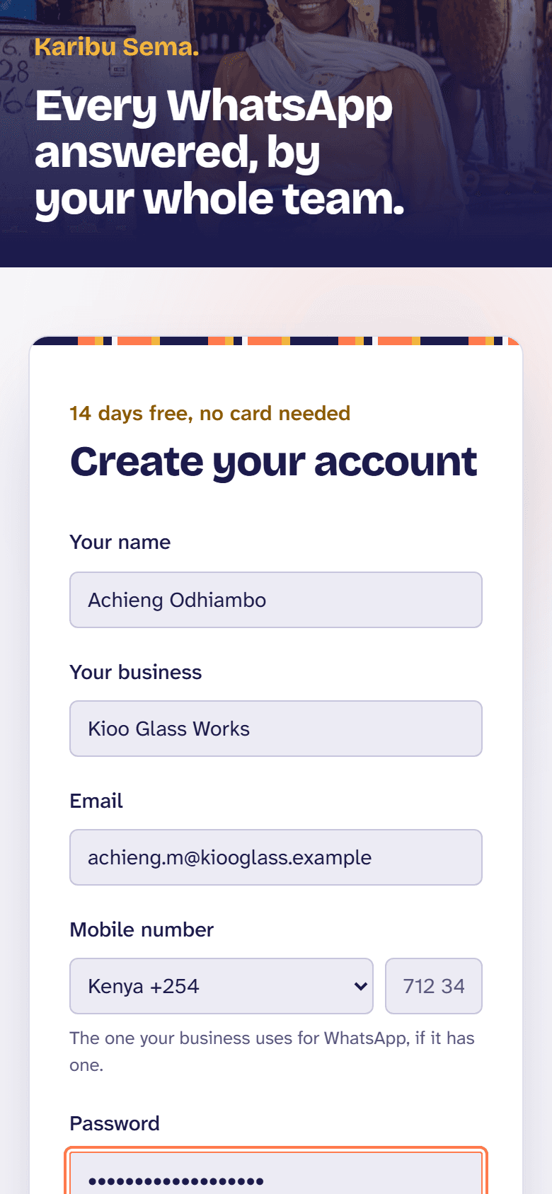 The sign-up page: a name, the business, an email and a password.