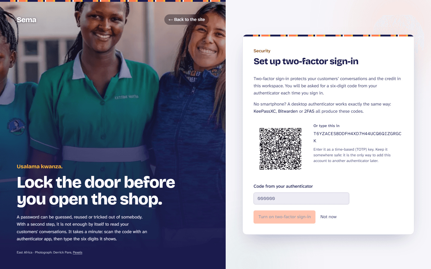 Setting up two-factor sign-in: a code to scan with an authenticator app, or to type in.