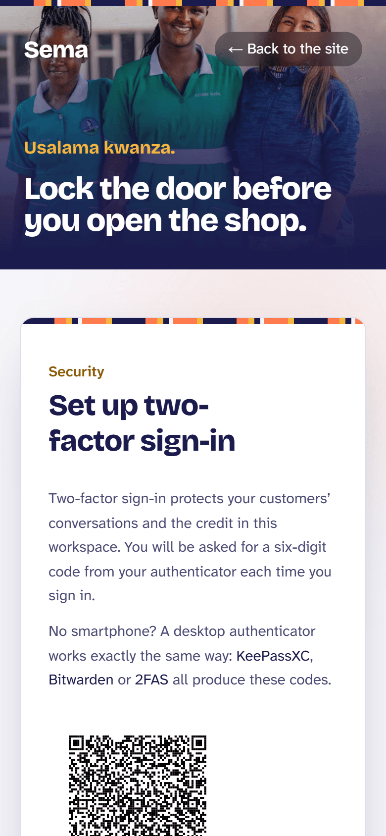 Setting up two-factor sign-in: a code to scan with an authenticator app, or to type in.
