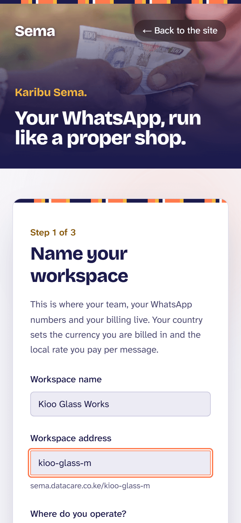 Naming the workspace: the business’s name, what kind of organisation it is, and its address in Sema.