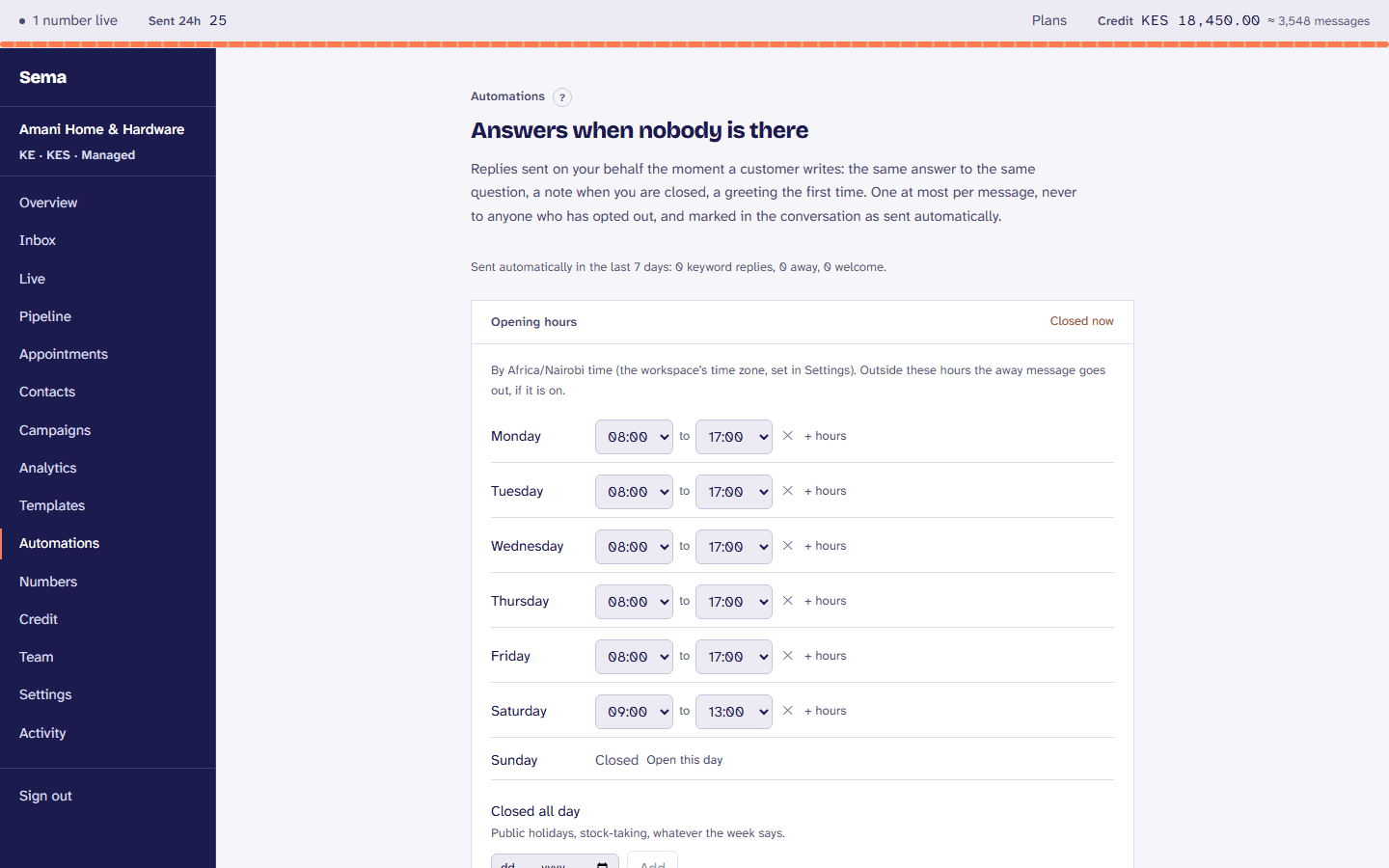 Automations: away messages, keyword replies, follow-ups and journeys.