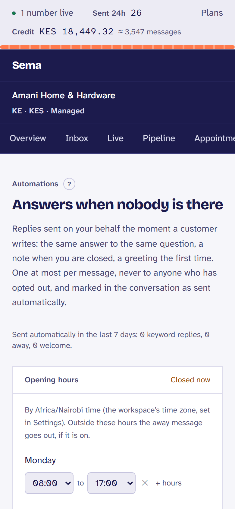 Automations: away messages, keyword replies, follow-ups and journeys.