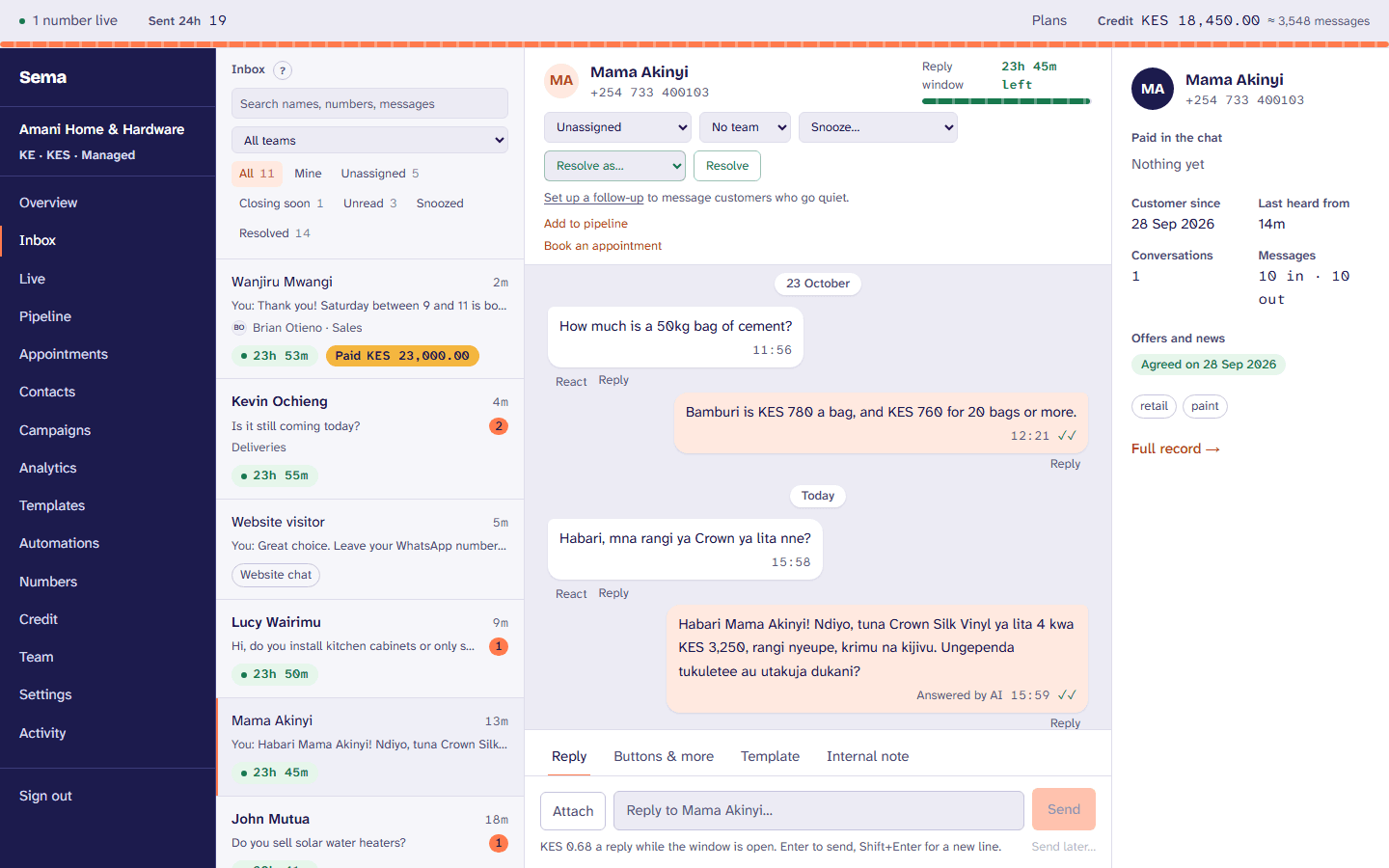 The AI assistant answering a customer in Kiswahili, marked as an automated answer.