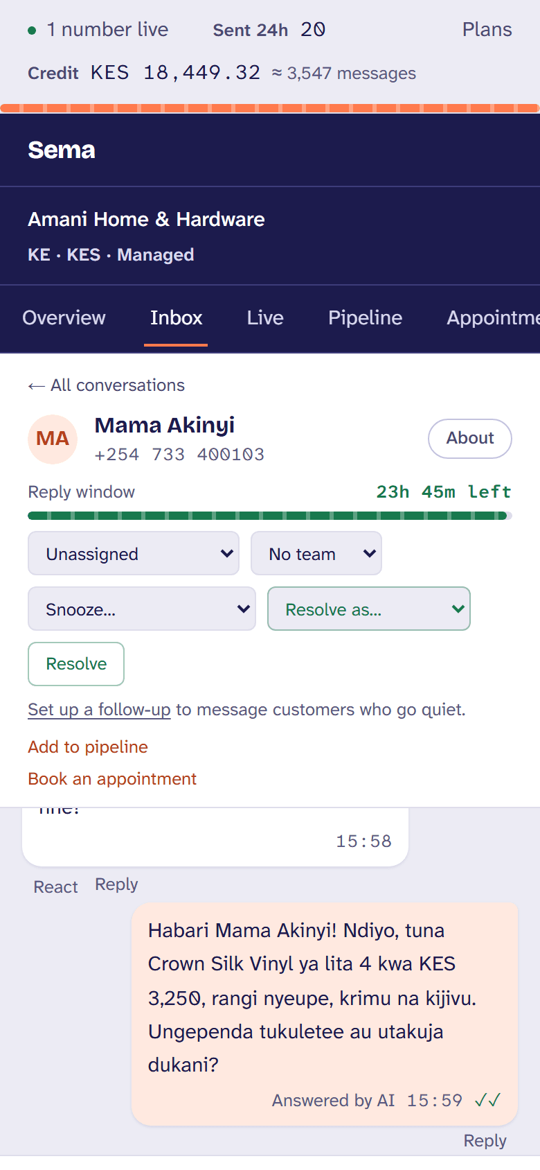 The AI assistant answering a customer in Kiswahili, marked as an automated answer.