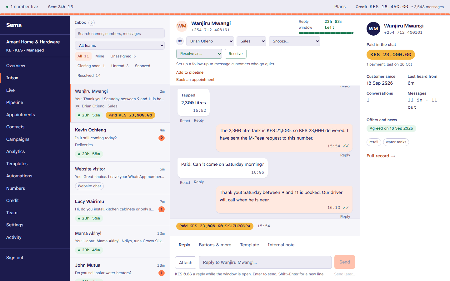 The inbox: a customer chooses a water tank from reply buttons and pays by M-Pesa in the chat, the payment confirmed beside the conversation.