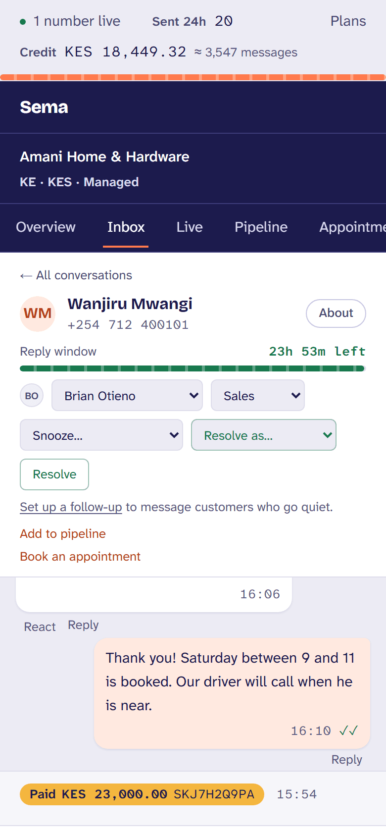 The inbox: a customer chooses a water tank from reply buttons and pays by M-Pesa in the chat, the payment confirmed beside the conversation.