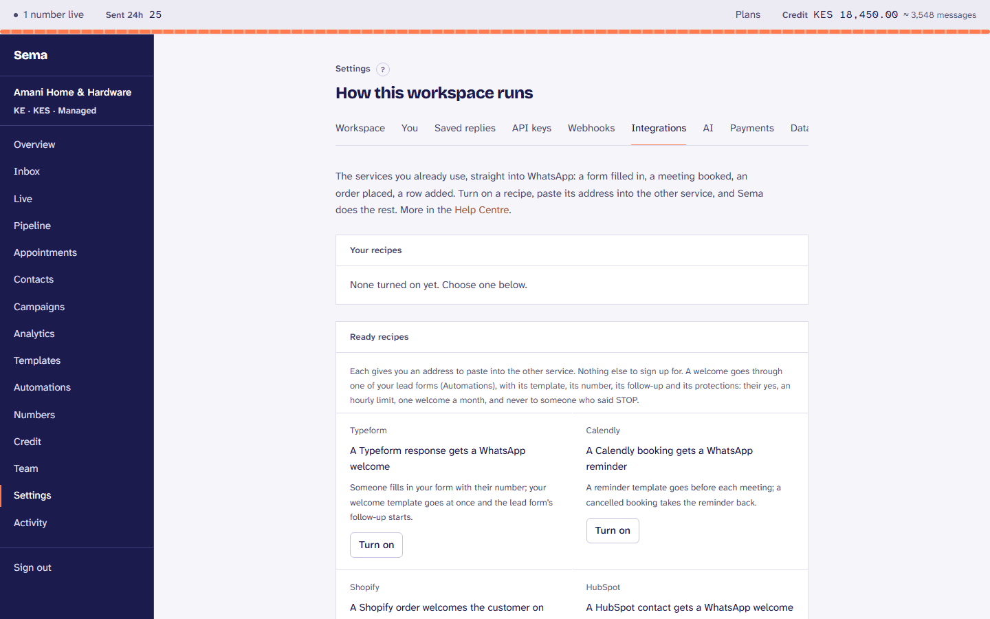 Integrations: ready recipes and apps, each turned on in a click.