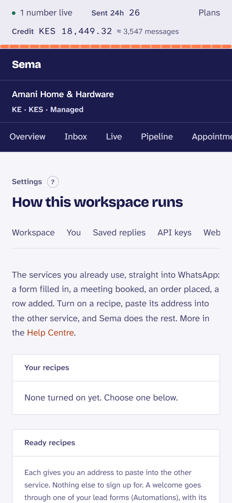 Integrations: ready recipes and apps, each turned on in a click.