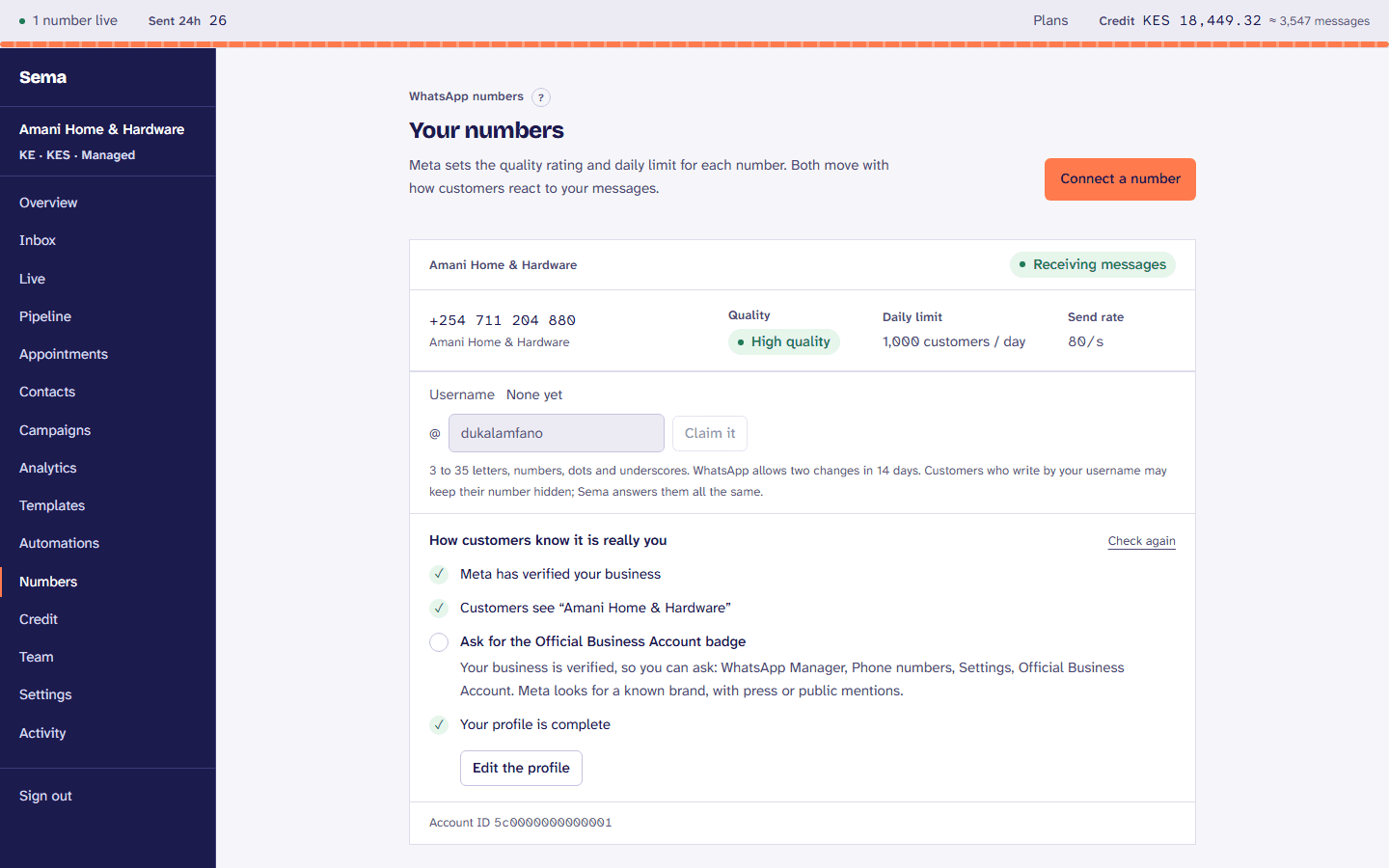 The number’s page: its quality, daily limit and how customers know it is really you.