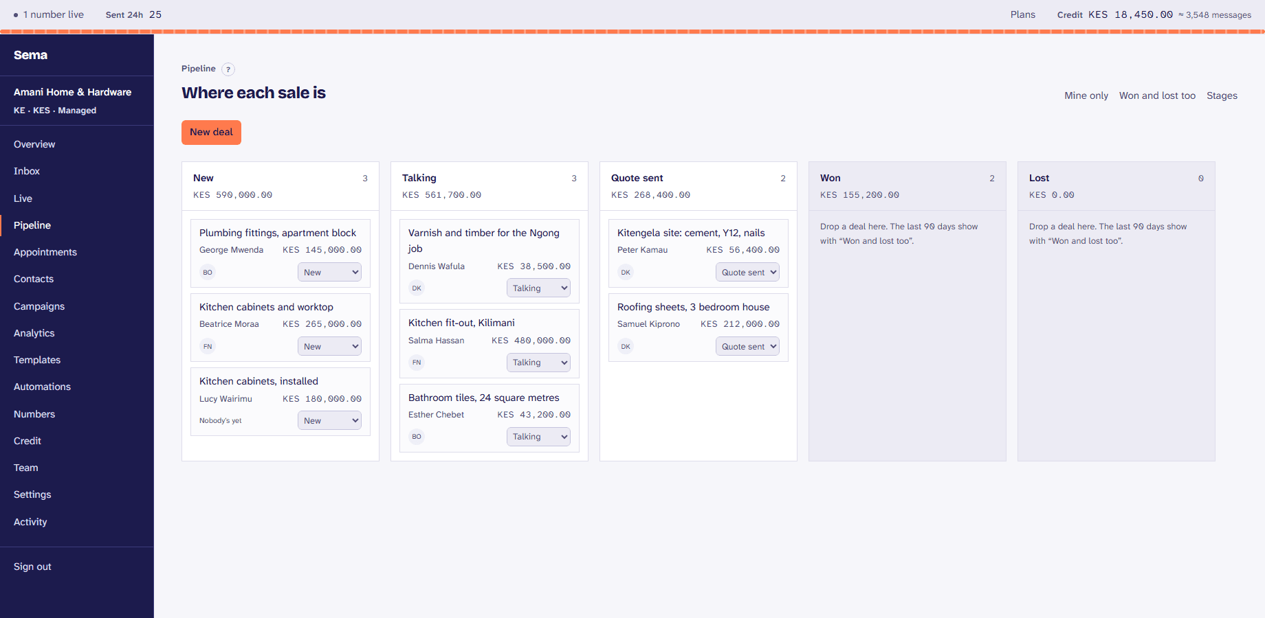The pipeline: deals by stage, each with its value and who has it.