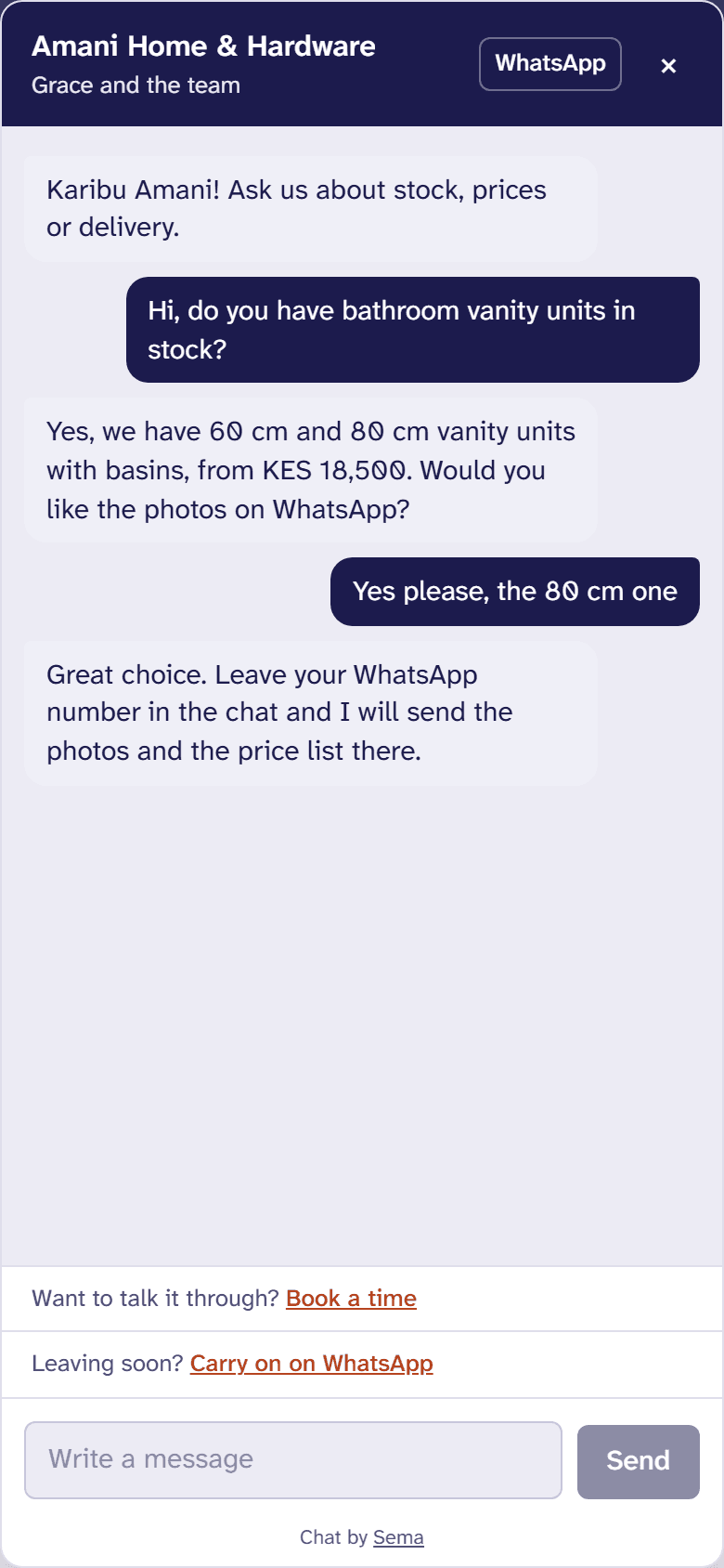 The chat on a business’s own website: a visitor’s question, answered by the assistant and then by the team, with an offer to carry on on WhatsApp.