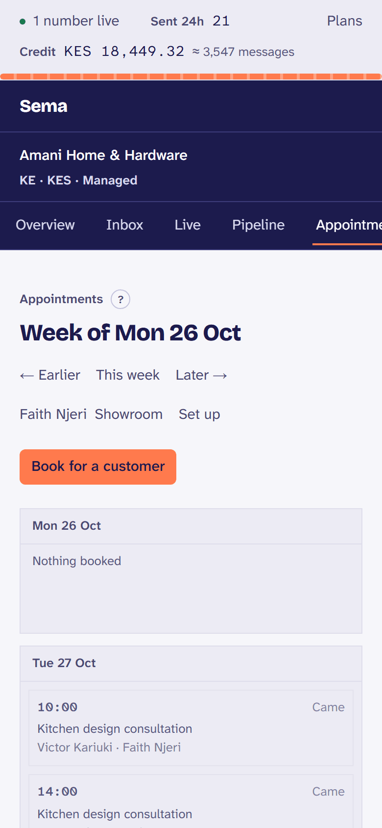 Appointments for the week, booked on WhatsApp and from the booking page.