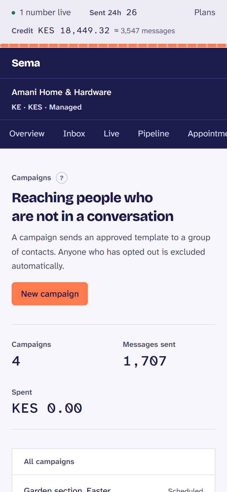 Campaigns: each with how many were sent, delivered and read, and what it cost.