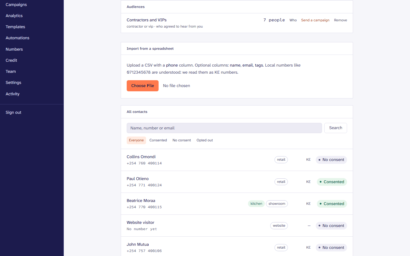 Contacts, with tags and whether each agreed to hear from the business.