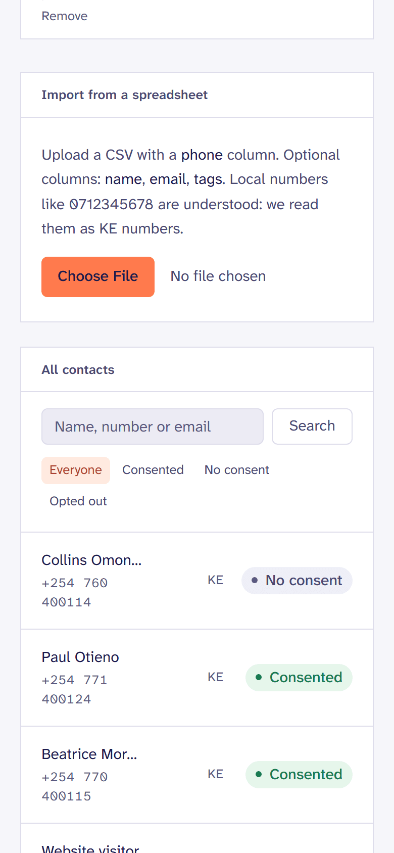 Contacts, with tags and whether each agreed to hear from the business.