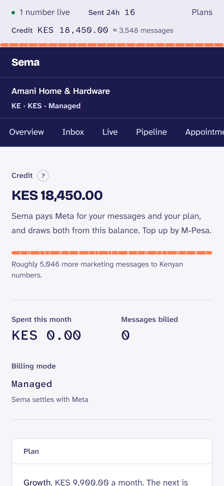 Credit: the balance, top-ups by M-Pesa or card, and every charge.