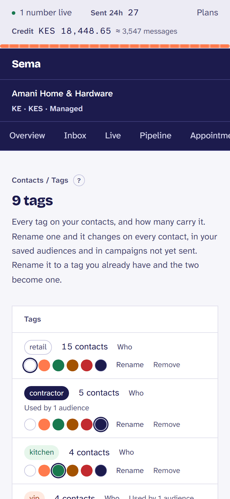 Every tag the business uses, how many customers carry each, its colour, and the audiences that use it.