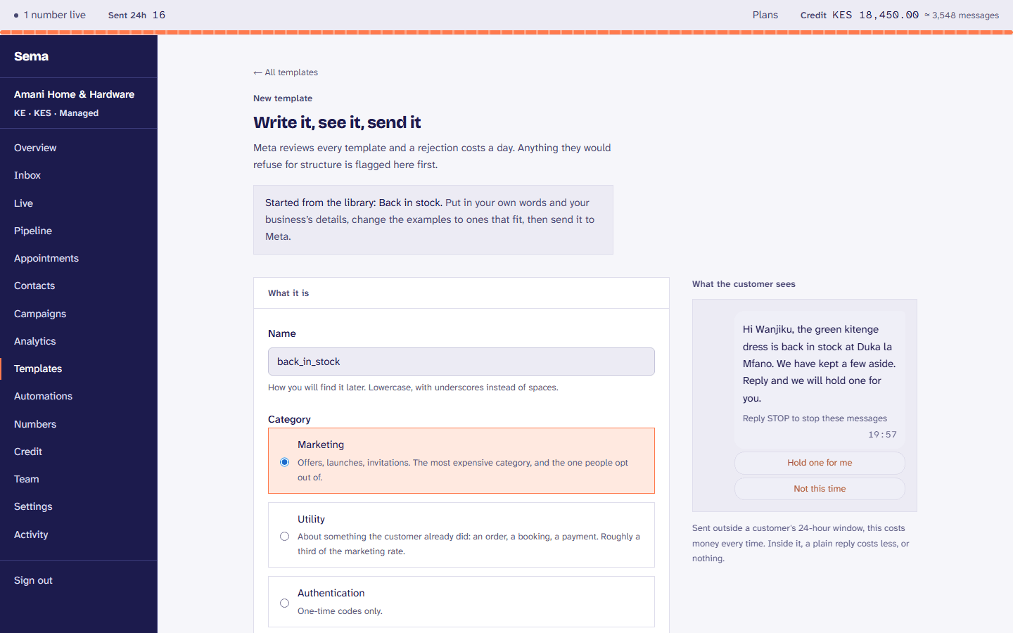 Writing a template: the words on the left, the message as the customer will see it on the right, checked as you type.
